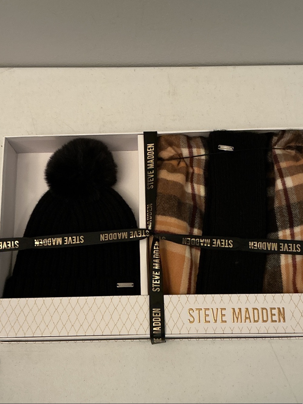Steve Madden Black Beanie with Faux Fur Pom and Plaid Accent Scarf